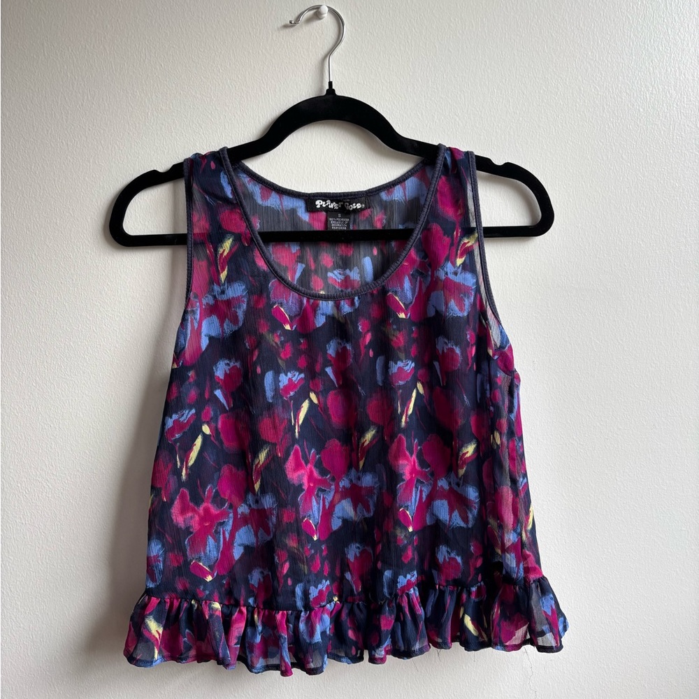 Planet Gold Floral Print Ruffle Hem Tank